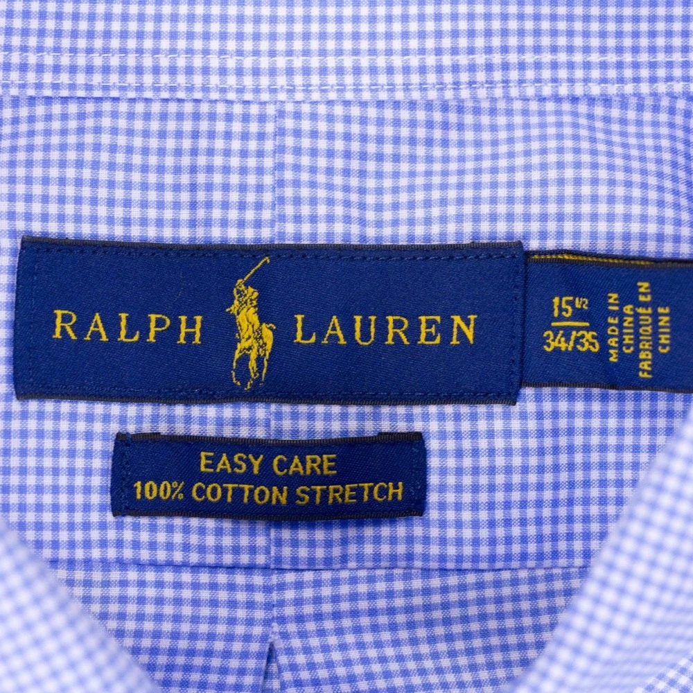 Polo Ralph Lauren Shirt Mens 15.5 34/35 Blue Gingham Cotton Stretch Button Down